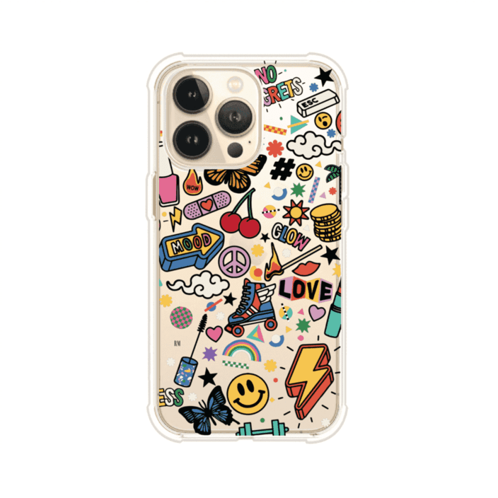 Funda personalizada para iPhone con diseño de stickers coloridos estilo pop art, con mensajes como 'Love', 'Glow', 'Mood' y 'No Regrets', ideal para vibes positivas; producto de Remark MX