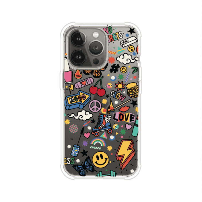 Funda personalizada para iPhone con diseño de stickers coloridos estilo pop art, con mensajes como 'Love', 'Glow', 'Mood' y 'No Regrets', ideal para vibes positivas; producto de Remark MX