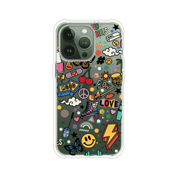 Funda personalizada para iPhone con diseño de stickers coloridos estilo pop art, con mensajes como 'Love', 'Glow', 'Mood' y 'No Regrets', ideal para vibes positivas; producto de Remark MX