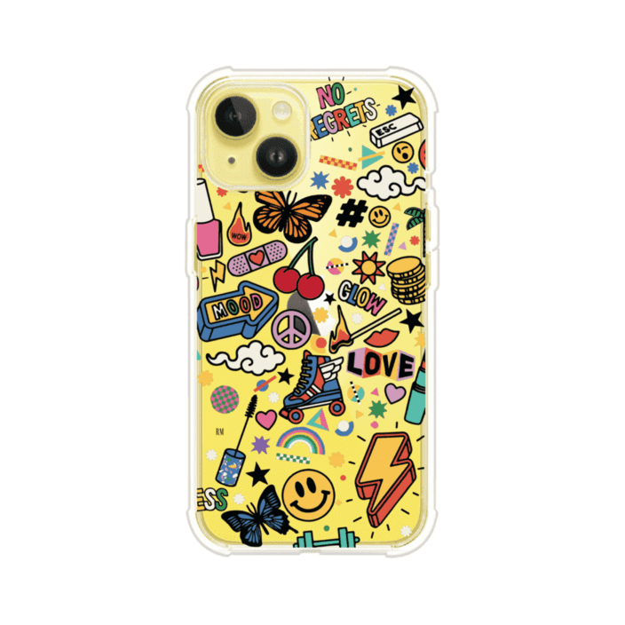 Funda personalizada para iPhone con diseño de stickers coloridos estilo pop art, con mensajes como 'Love', 'Glow', 'Mood' y 'No Regrets', ideal para vibes positivas; producto de Remark MX