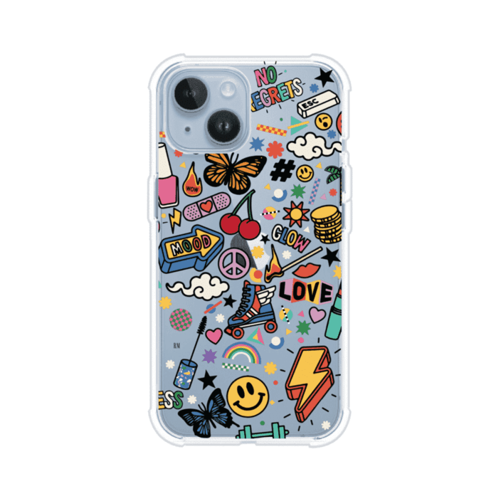 Funda personalizada para iPhone con diseño de stickers coloridos estilo pop art, con mensajes como 'Love', 'Glow', 'Mood' y 'No Regrets', ideal para vibes positivas; producto de Remark MX