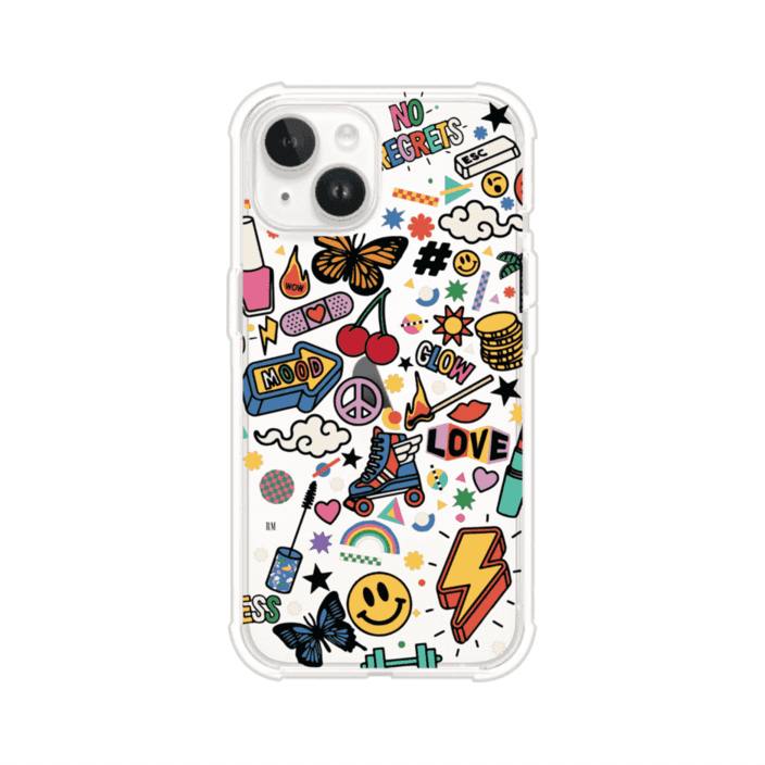 Funda personalizada para iPhone con diseño de stickers coloridos estilo pop art, con mensajes como 'Love', 'Glow', 'Mood' y 'No Regrets', ideal para vibes positivas; producto de Remark MX