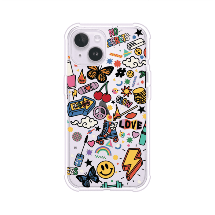 Funda personalizada para iPhone con diseño de stickers coloridos estilo pop art, con mensajes como 'Love', 'Glow', 'Mood' y 'No Regrets', ideal para vibes positivas; producto de Remark MX