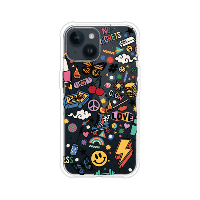 Funda personalizada para iPhone con diseño de stickers coloridos estilo pop art, con mensajes como 'Love', 'Glow', 'Mood' y 'No Regrets', ideal para vibes positivas; producto de Remark MX