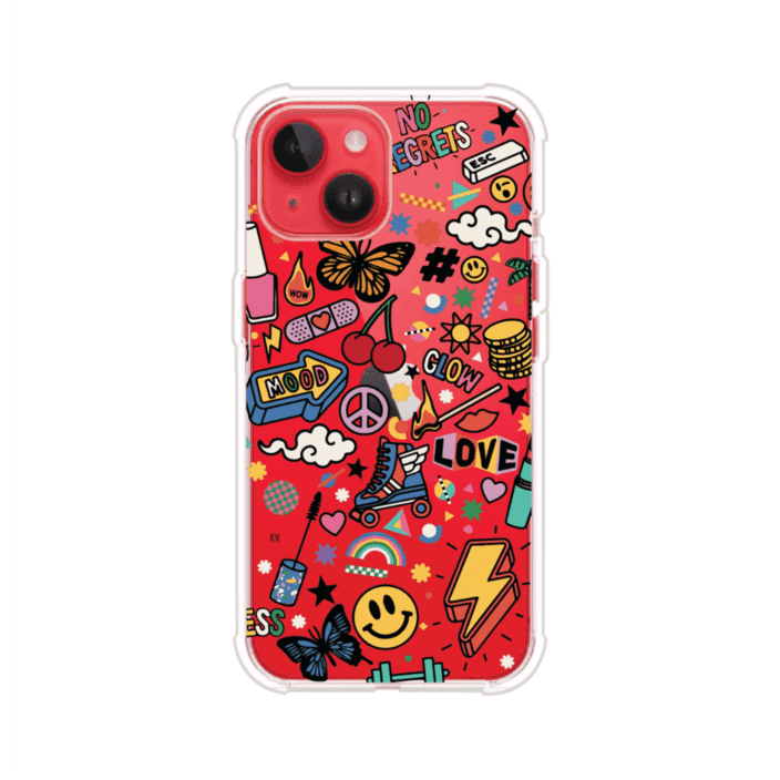 Funda personalizada para iPhone con diseño de stickers coloridos estilo pop art, con mensajes como 'Love', 'Glow', 'Mood' y 'No Regrets', ideal para vibes positivas; producto de Remark MX