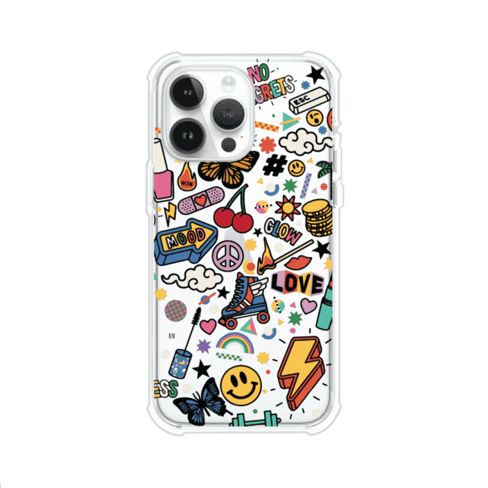 Funda personalizada para iPhone con diseño de stickers coloridos estilo pop art, con mensajes como 'Love', 'Glow', 'Mood' y 'No Regrets', ideal para vibes positivas; producto de Remark MX