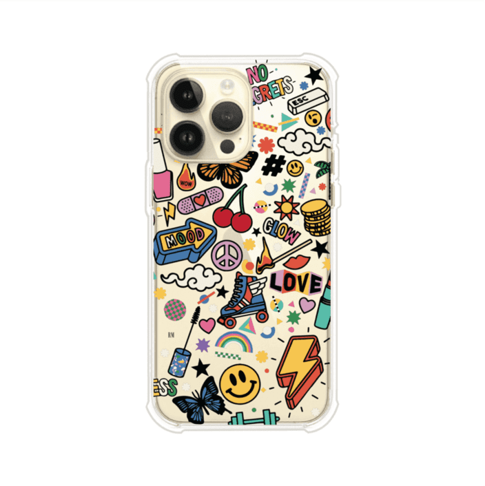 Funda personalizada para iPhone con diseño de stickers coloridos estilo pop art, con mensajes como 'Love', 'Glow', 'Mood' y 'No Regrets', ideal para vibes positivas; producto de Remark MX