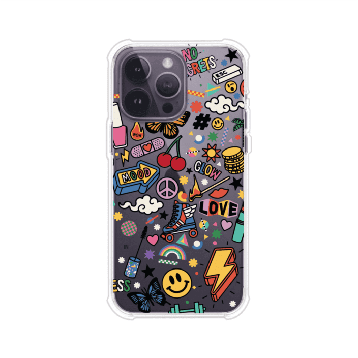 Funda personalizada para iPhone con diseño de stickers coloridos estilo pop art, con mensajes como 'Love', 'Glow', 'Mood' y 'No Regrets', ideal para vibes positivas; producto de Remark MX