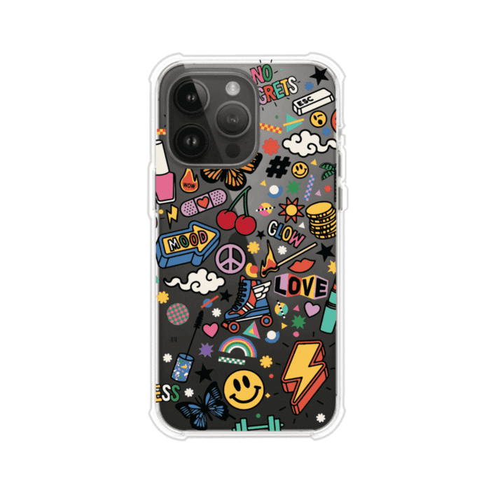 Funda personalizada para iPhone con diseño de stickers coloridos estilo pop art, con mensajes como 'Love', 'Glow', 'Mood' y 'No Regrets', ideal para vibes positivas; producto de Remark MX