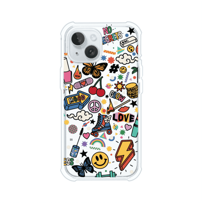 Funda personalizada para iPhone con diseño de stickers coloridos estilo pop art, con mensajes como 'Love', 'Glow', 'Mood' y 'No Regrets', ideal para vibes positivas; producto de Remark MX
