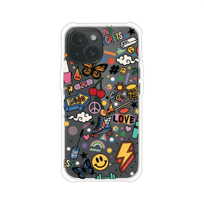 Funda personalizada para iPhone con diseño de stickers coloridos estilo pop art, con mensajes como 'Love', 'Glow', 'Mood' y 'No Regrets', ideal para vibes positivas; producto de Remark MX
