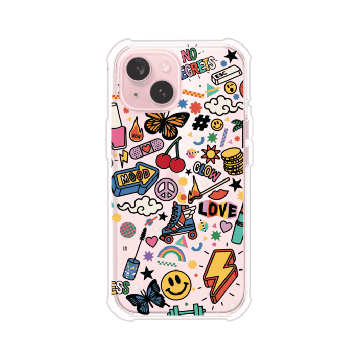 Funda personalizada para iPhone con diseño de stickers coloridos estilo pop art, con mensajes como 'Love', 'Glow', 'Mood' y 'No Regrets', ideal para vibes positivas; producto de Remark MX