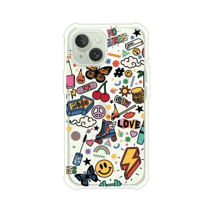 Funda personalizada para iPhone con diseño de stickers coloridos estilo pop art, con mensajes como 'Love', 'Glow', 'Mood' y 'No Regrets', ideal para vibes positivas; producto de Remark MX