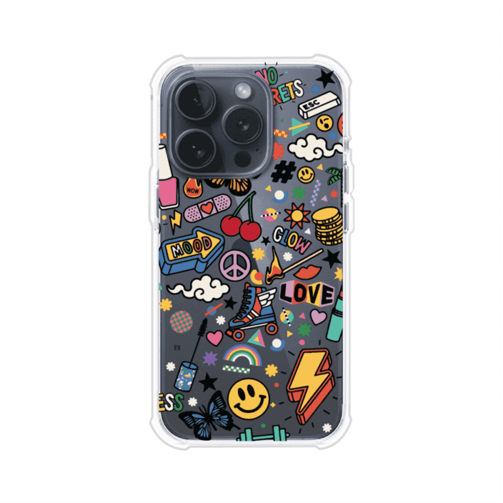 Funda personalizada para iPhone con diseño de stickers coloridos estilo pop art, con mensajes como 'Love', 'Glow', 'Mood' y 'No Regrets', ideal para vibes positivas; producto de Remark MX