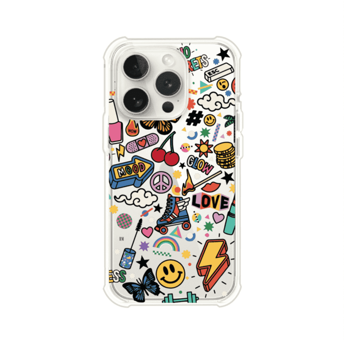 Funda personalizada para iPhone con diseño de stickers coloridos estilo pop art, con mensajes como 'Love', 'Glow', 'Mood' y 'No Regrets', ideal para vibes positivas; producto de Remark MX