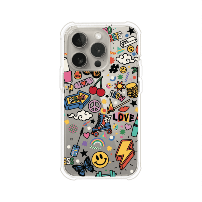 Funda personalizada para iPhone con diseño de stickers coloridos estilo pop art, con mensajes como 'Love', 'Glow', 'Mood' y 'No Regrets', ideal para vibes positivas; producto de Remark MX