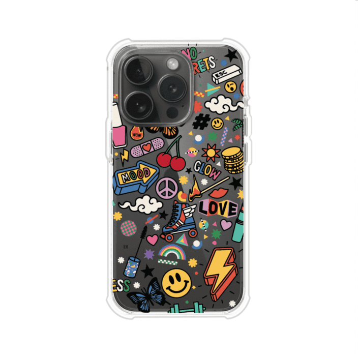 Funda personalizada para iPhone con diseño de stickers coloridos estilo pop art, con mensajes como 'Love', 'Glow', 'Mood' y 'No Regrets', ideal para vibes positivas; producto de Remark MX