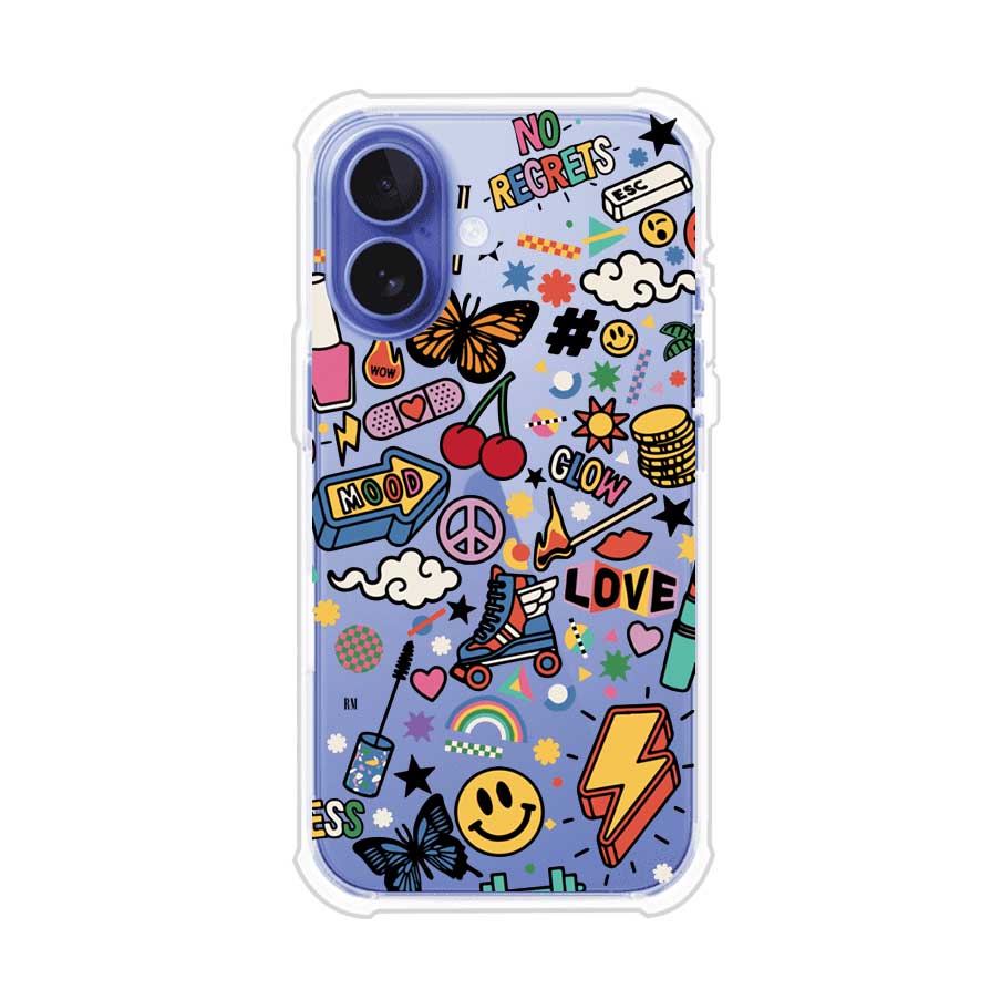 Funda personalizada para iPhone con diseño de stickers coloridos estilo pop art, con mensajes como 'Love', 'Glow', 'Mood' y 'No Regrets', ideal para vibes positivas; producto de Remark MX