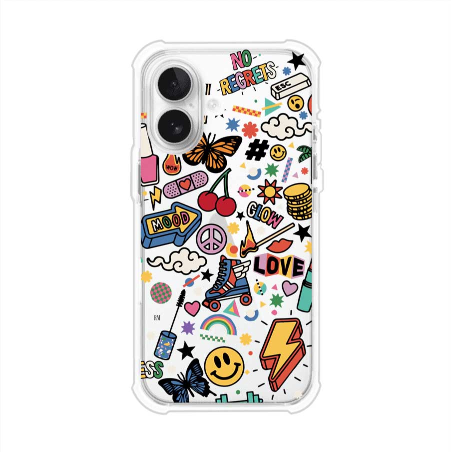 Funda personalizada para iPhone con diseño de stickers coloridos estilo pop art, con mensajes como 'Love', 'Glow', 'Mood' y 'No Regrets', ideal para vibes positivas; producto de Remark MX