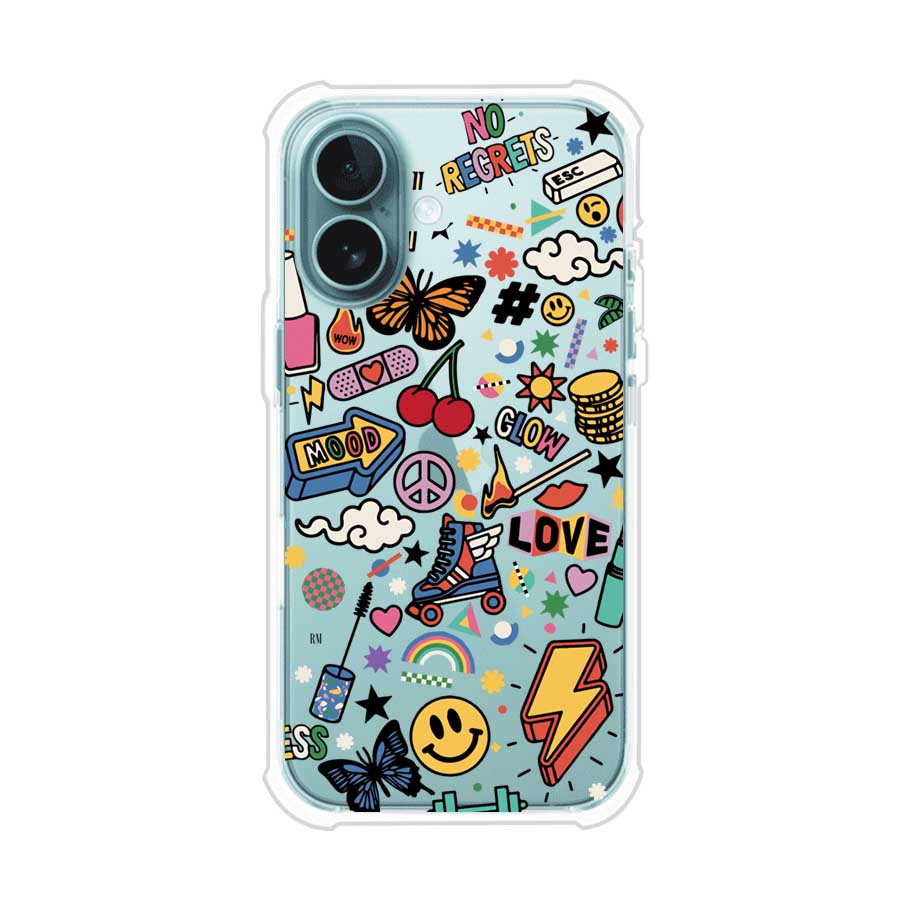 Funda personalizada para iPhone con diseño de stickers coloridos estilo pop art, con mensajes como 'Love', 'Glow', 'Mood' y 'No Regrets', ideal para vibes positivas; producto de Remark MX
