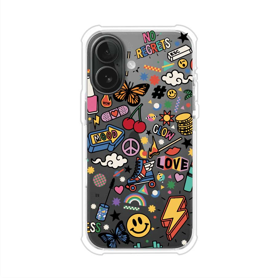Funda personalizada para iPhone con diseño de stickers coloridos estilo pop art, con mensajes como 'Love', 'Glow', 'Mood' y 'No Regrets', ideal para vibes positivas; producto de Remark MX