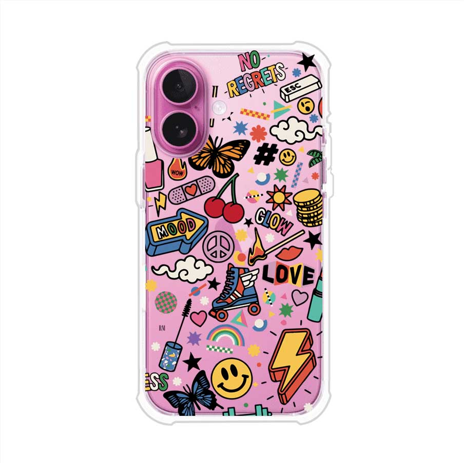 Funda personalizada para iPhone con diseño de stickers coloridos estilo pop art, con mensajes como 'Love', 'Glow', 'Mood' y 'No Regrets', ideal para vibes positivas; producto de Remark MX