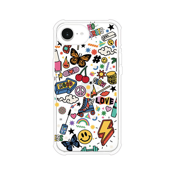 Funda personalizada para iPhone con diseño de stickers coloridos estilo pop art, con mensajes como 'Love', 'Glow', 'Mood' y 'No Regrets', ideal para vibes positivas; producto de Remark MX