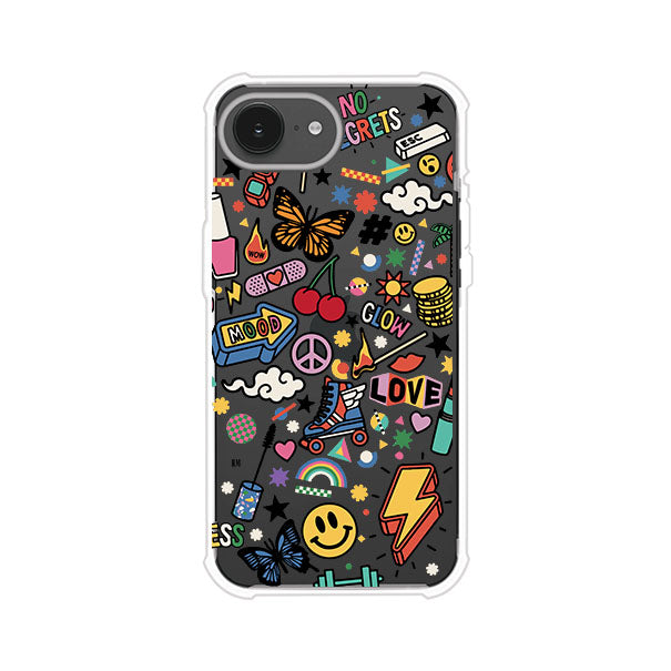 Funda personalizada para iPhone con diseño de stickers coloridos estilo pop art, con mensajes como 'Love', 'Glow', 'Mood' y 'No Regrets', ideal para vibes positivas; producto de Remark MX