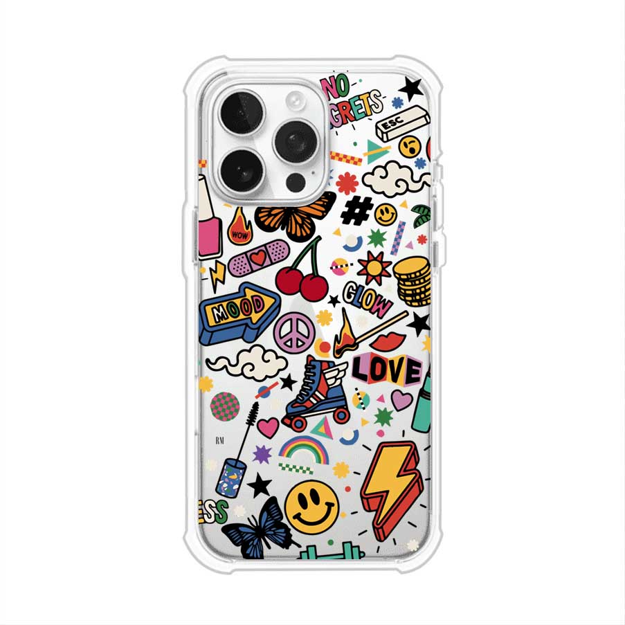 Funda personalizada para iPhone con diseño de stickers coloridos estilo pop art, con mensajes como 'Love', 'Glow', 'Mood' y 'No Regrets', ideal para vibes positivas; producto de Remark MX