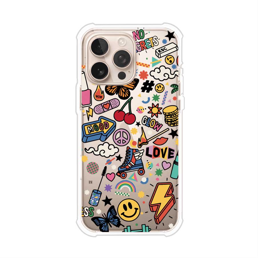 Funda personalizada para iPhone con diseño de stickers coloridos estilo pop art, con mensajes como 'Love', 'Glow', 'Mood' y 'No Regrets', ideal para vibes positivas; producto de Remark MX