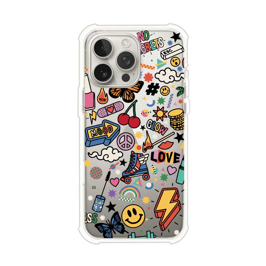 Funda personalizada para iPhone con diseño de stickers coloridos estilo pop art, con mensajes como 'Love', 'Glow', 'Mood' y 'No Regrets', ideal para vibes positivas; producto de Remark MX
