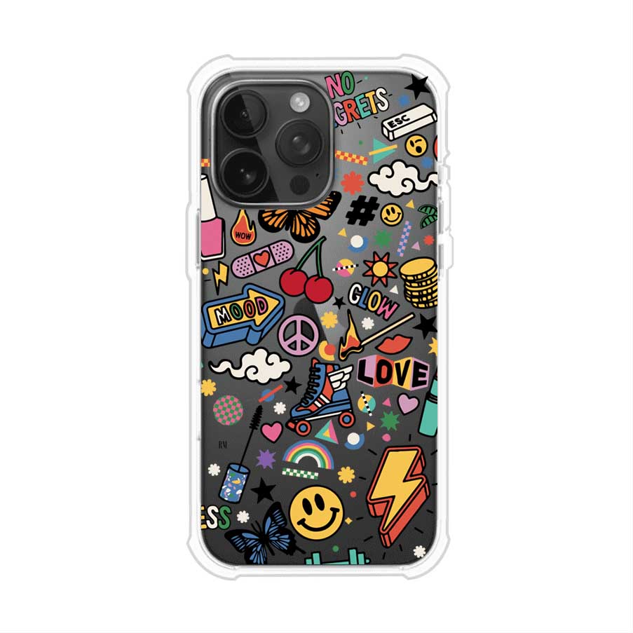 Funda personalizada para iPhone con diseño de stickers coloridos estilo pop art, con mensajes como 'Love', 'Glow', 'Mood' y 'No Regrets', ideal para vibes positivas; producto de Remark MX