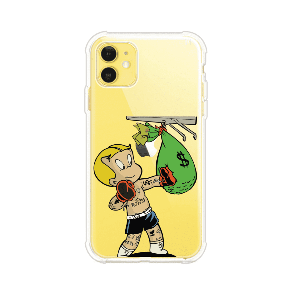 Funda para iPhone con dibujo de Richie Rich como boxeador sosteniendo una bolsa de dinero sobre fondo rojo – Remark Mx