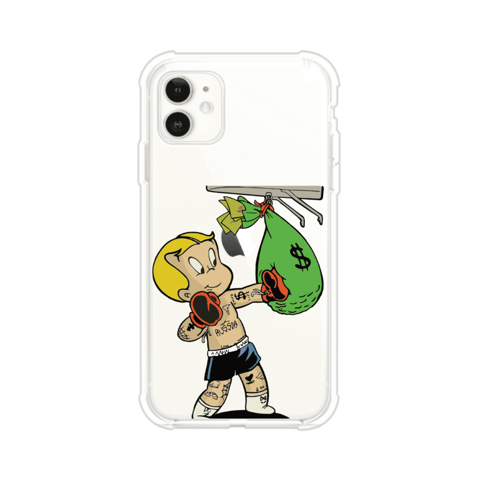 Funda para iPhone con dibujo de Richie Rich como boxeador sosteniendo una bolsa de dinero sobre fondo rojo – Remark Mx