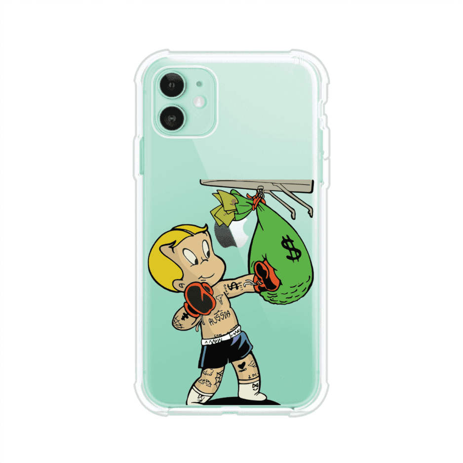 Funda para iPhone con dibujo de Richie Rich como boxeador sosteniendo una bolsa de dinero sobre fondo rojo – Remark Mx