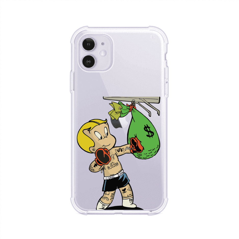 Funda para iPhone con dibujo de Richie Rich como boxeador sosteniendo una bolsa de dinero sobre fondo rojo – Remark Mx