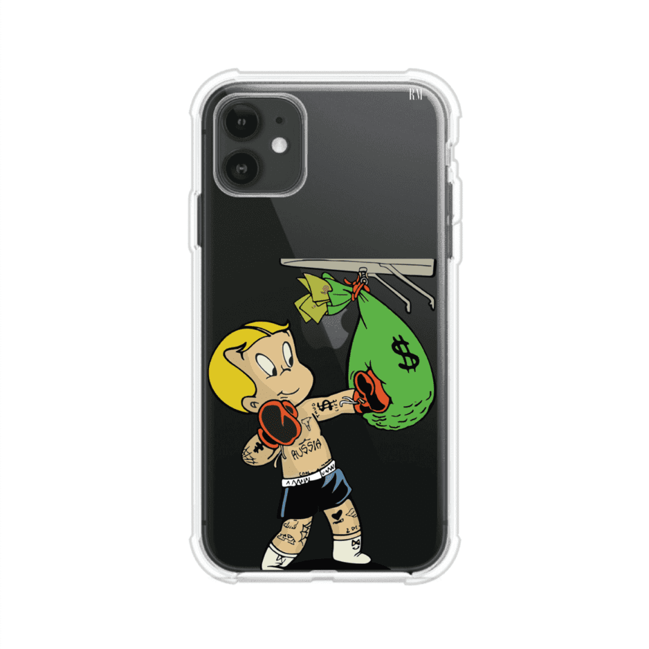 Funda para iPhone con dibujo de Richie Rich como boxeador sosteniendo una bolsa de dinero sobre fondo rojo – Remark Mx