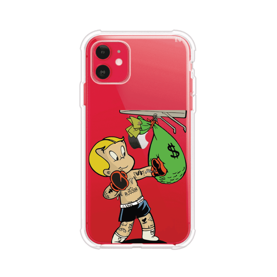 Funda para iPhone con dibujo de Richie Rich como boxeador sosteniendo una bolsa de dinero sobre fondo rojo – Remark Mx