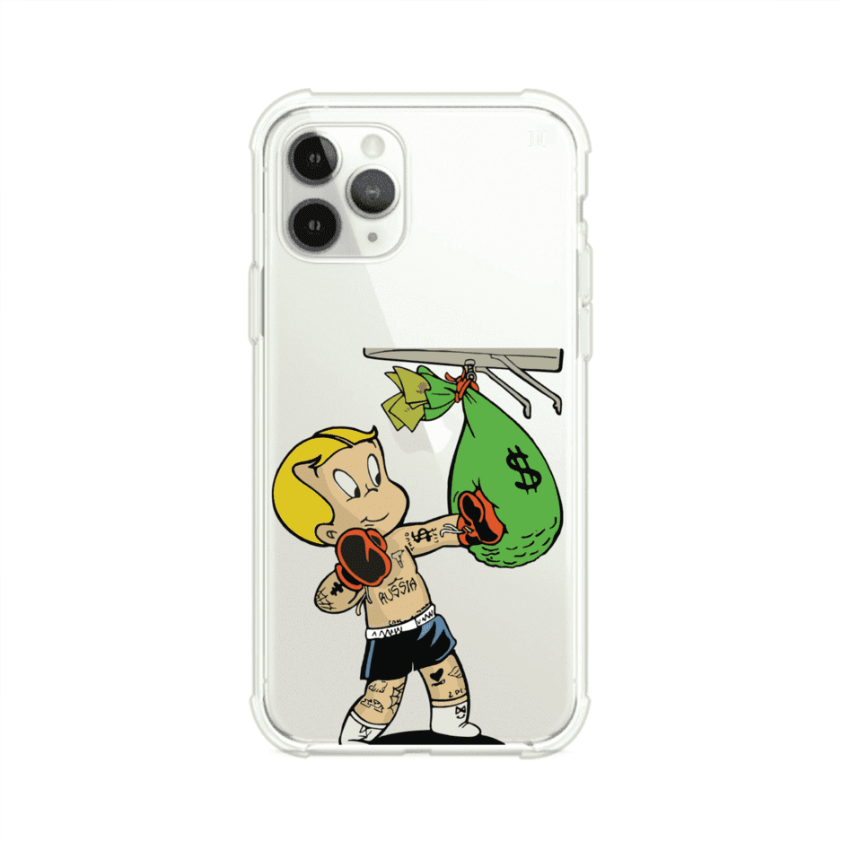 Funda para iPhone con dibujo de Richie Rich como boxeador sosteniendo una bolsa de dinero sobre fondo rojo – Remark Mx