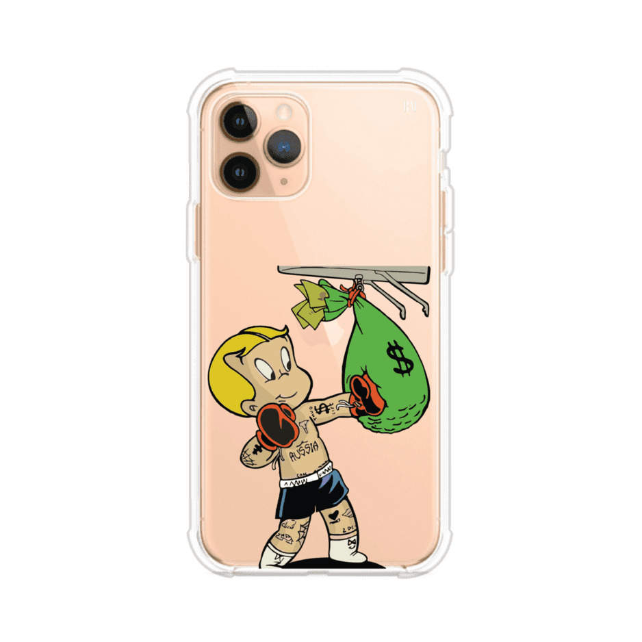 Funda para iPhone con dibujo de Richie Rich como boxeador sosteniendo una bolsa de dinero sobre fondo rojo – Remark Mx
