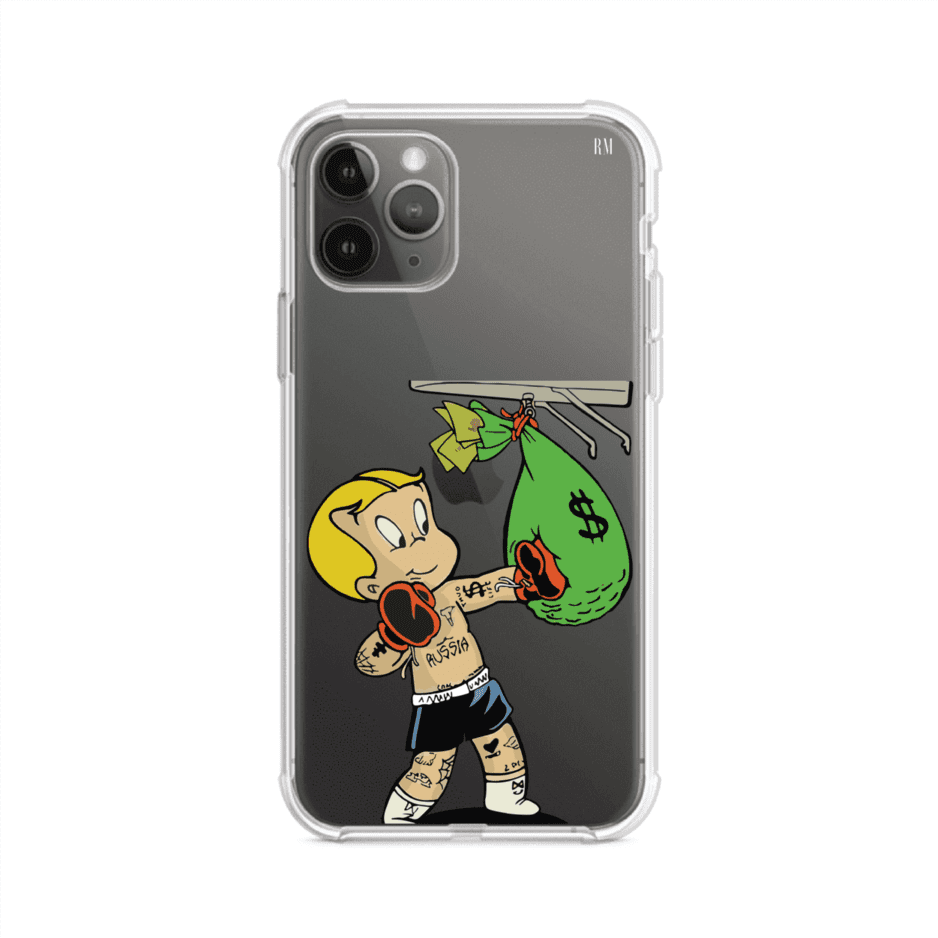 Funda para iPhone con dibujo de Richie Rich como boxeador sosteniendo una bolsa de dinero sobre fondo rojo – Remark Mx