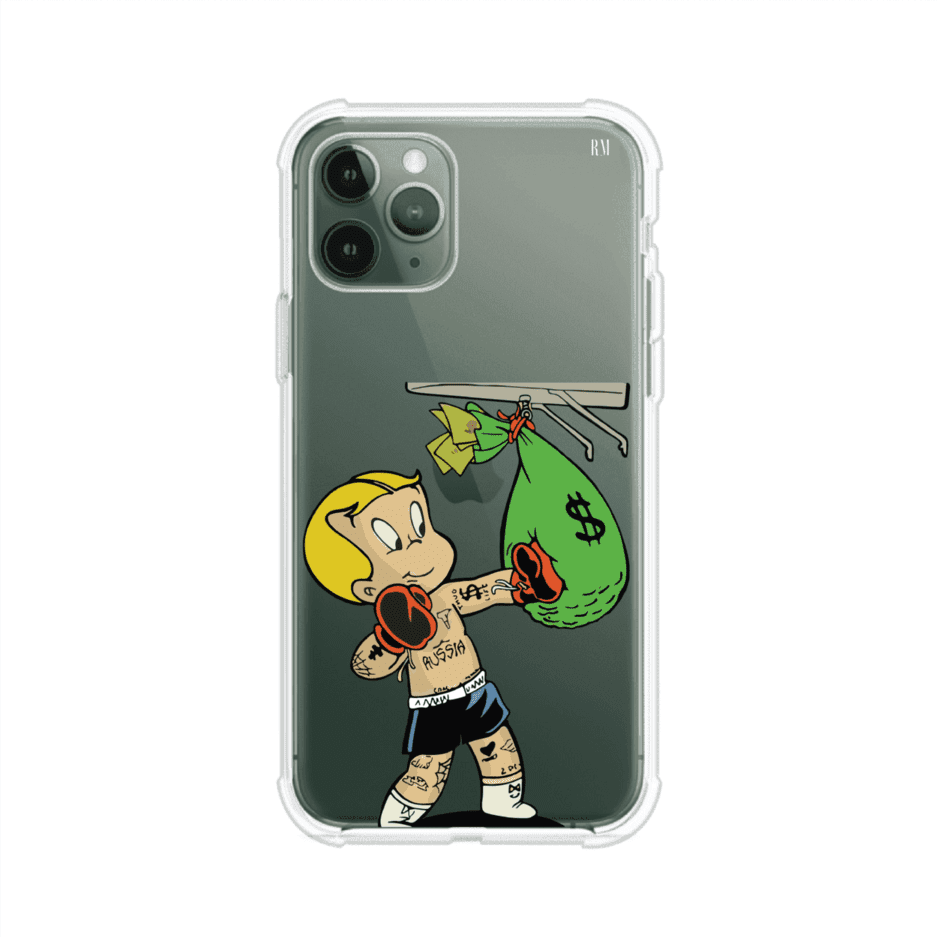 Funda para iPhone con dibujo de Richie Rich como boxeador sosteniendo una bolsa de dinero sobre fondo rojo – Remark Mx
