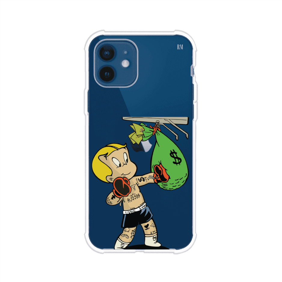 Funda para iPhone con dibujo de Richie Rich como boxeador sosteniendo una bolsa de dinero sobre fondo rojo – Remark Mx