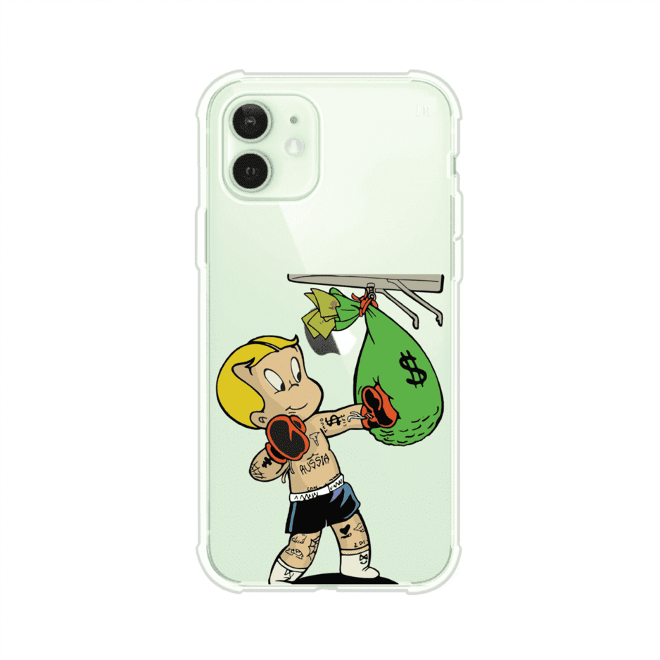 Funda para iPhone con dibujo de Richie Rich como boxeador sosteniendo una bolsa de dinero sobre fondo rojo – Remark Mx