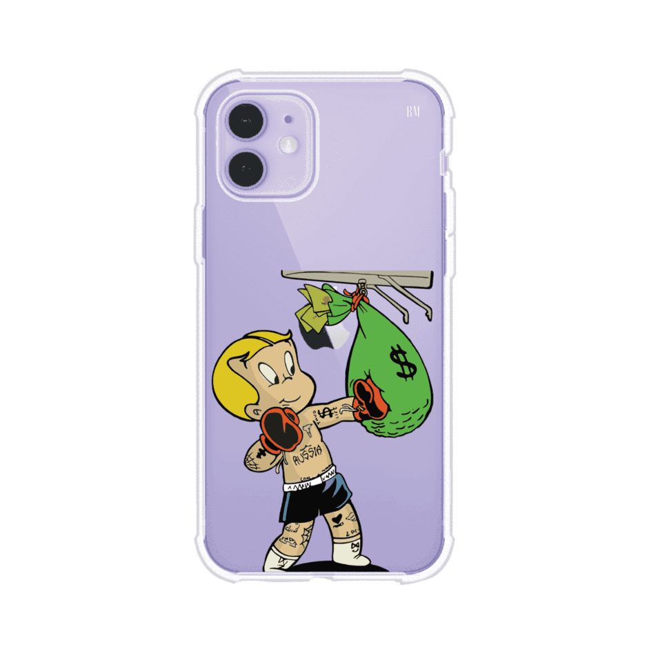 Funda para iPhone con dibujo de Richie Rich como boxeador sosteniendo una bolsa de dinero sobre fondo rojo – Remark Mx
