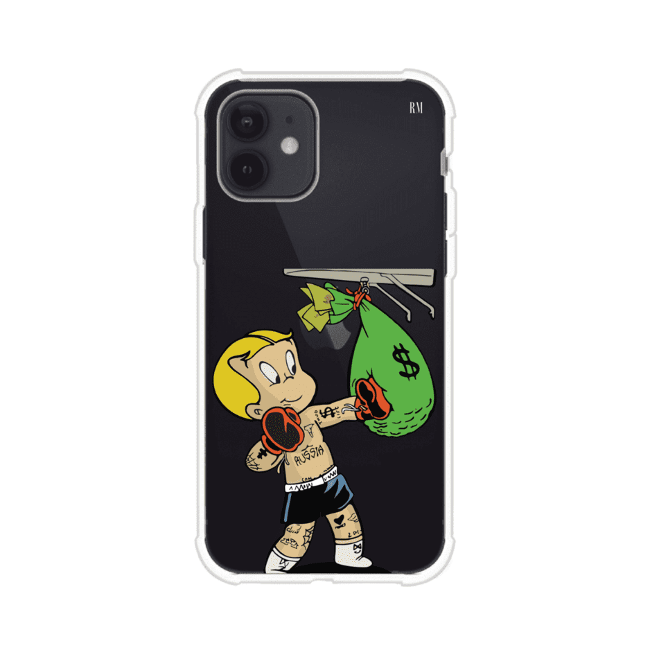 Funda para iPhone con dibujo de Richie Rich como boxeador sosteniendo una bolsa de dinero sobre fondo rojo – Remark Mx
