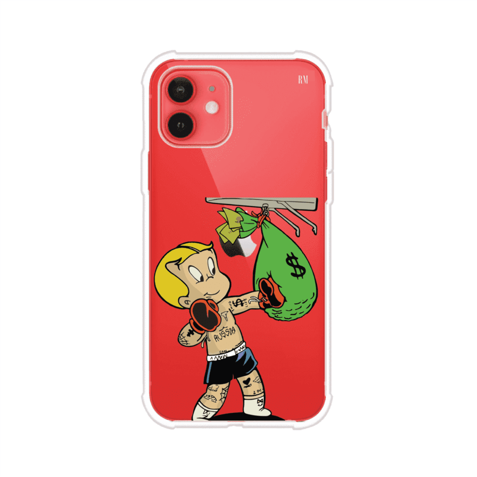 Funda para iPhone con dibujo de Richie Rich como boxeador sosteniendo una bolsa de dinero sobre fondo rojo – Remark Mx