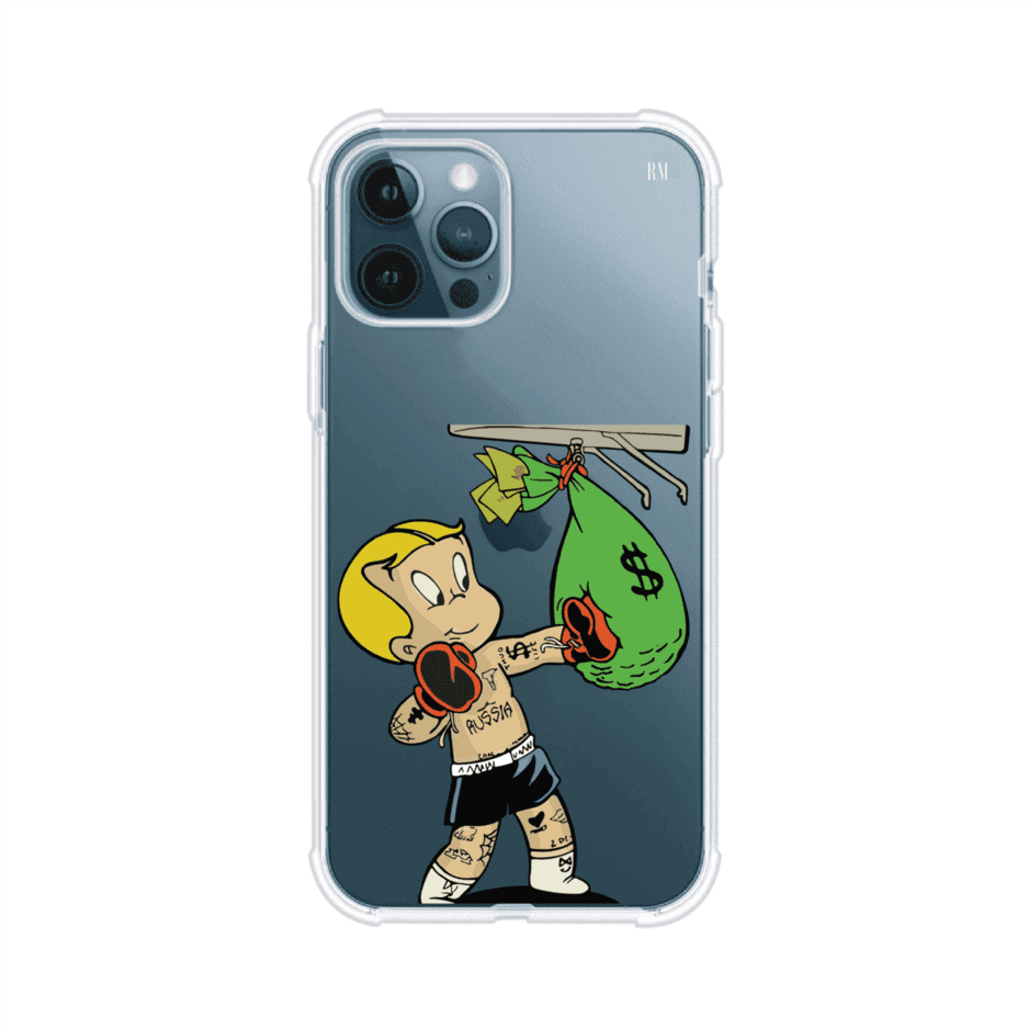 Funda para iPhone con dibujo de Richie Rich como boxeador sosteniendo una bolsa de dinero sobre fondo rojo – Remark Mx