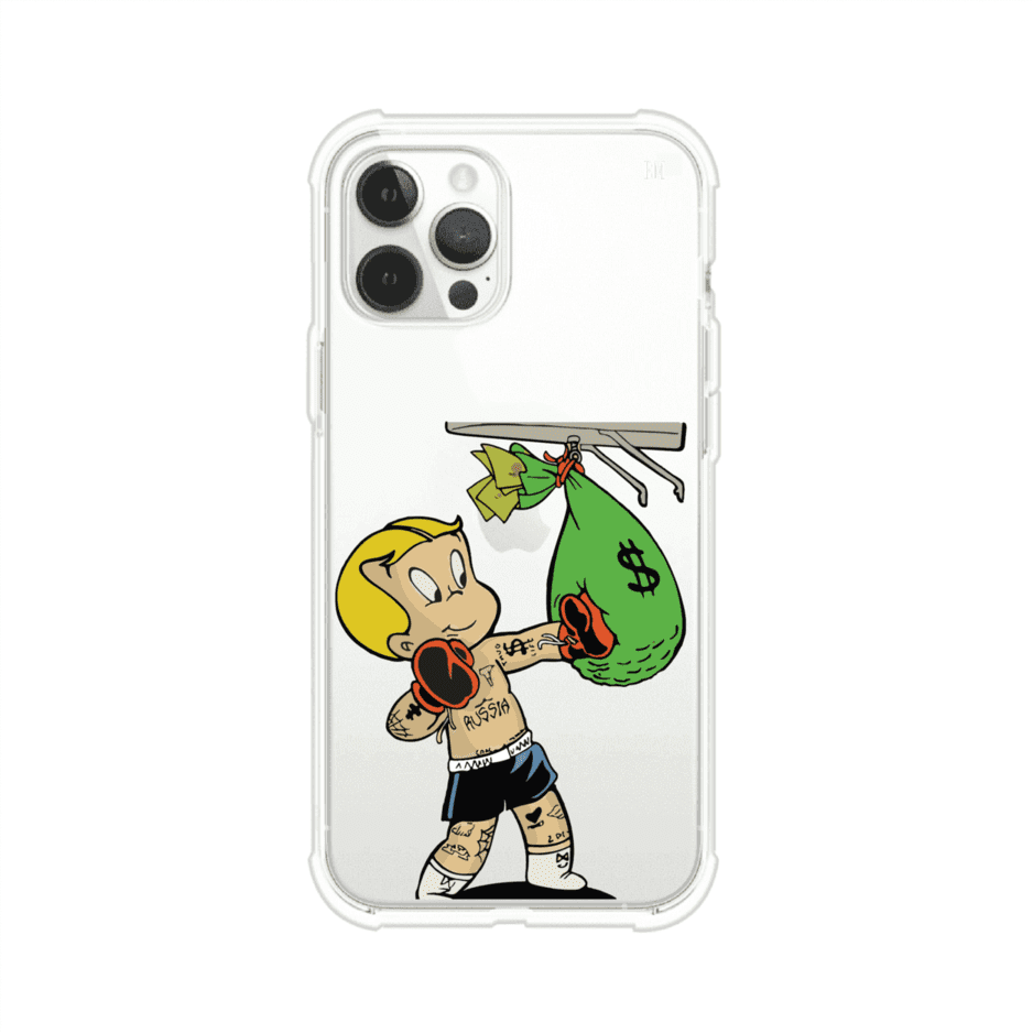 Funda para iPhone con dibujo de Richie Rich como boxeador sosteniendo una bolsa de dinero sobre fondo rojo – Remark Mx