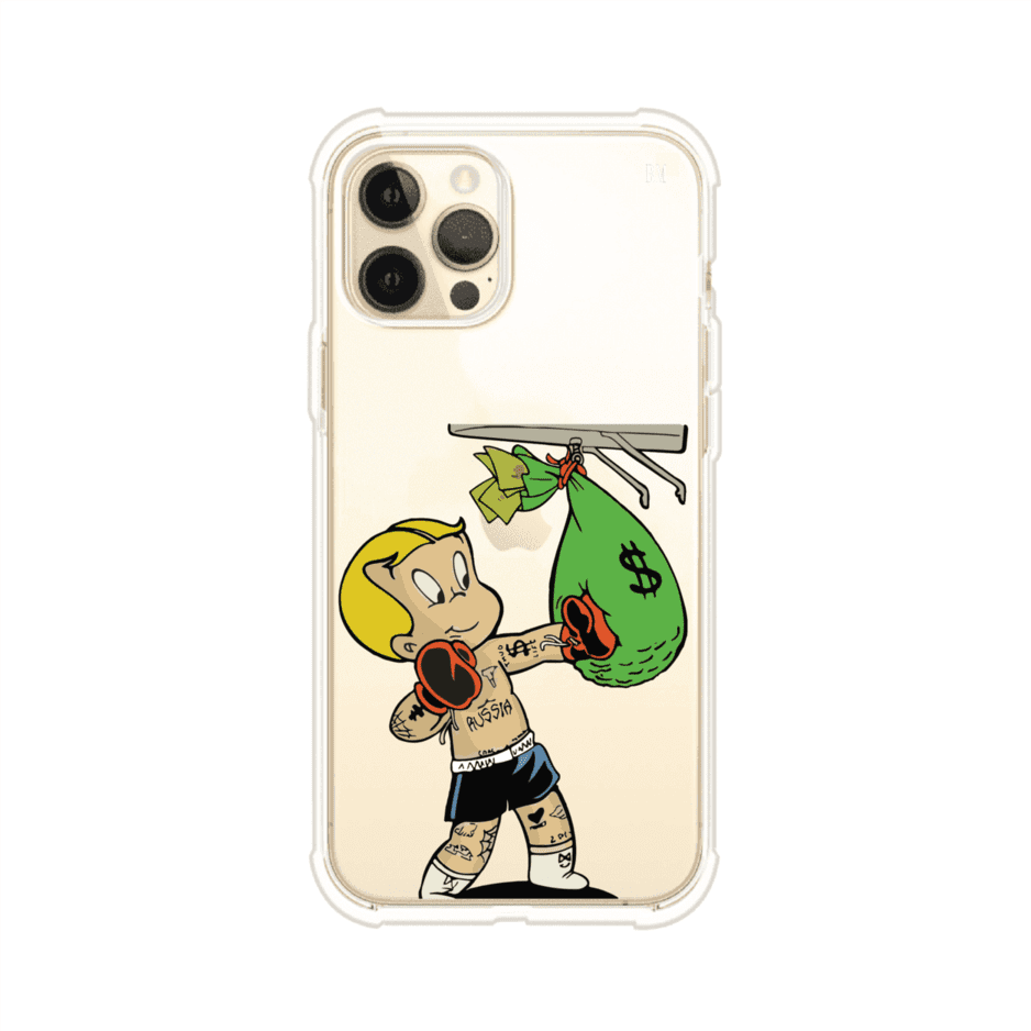 Funda para iPhone con dibujo de Richie Rich como boxeador sosteniendo una bolsa de dinero sobre fondo rojo – Remark Mx